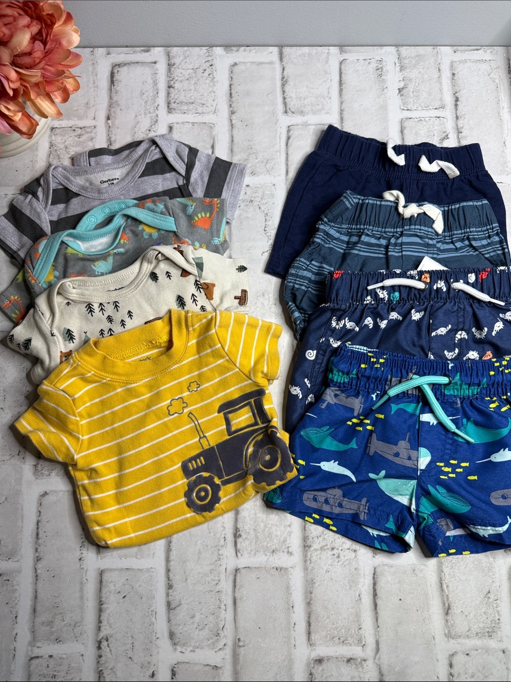 Multiples Yellow Striped Tractor Baby Tee and Blue Swim/Shorts Set